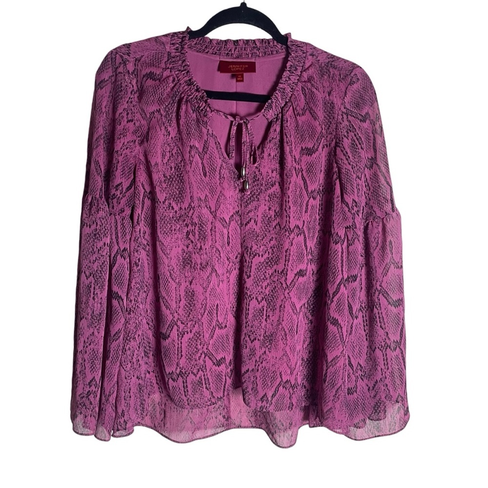 Jennifer Lopez Bell Sleeve Tie Neck Pink Black Metallic Snakeskin Top Size XS